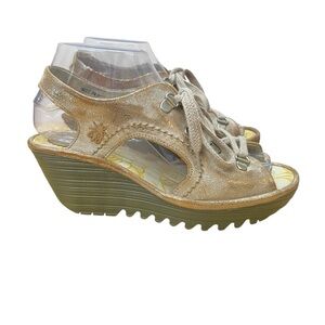 Fly London Ylfa Luna Metallic Taupe Leather LaceUp Wedge Sandal Eur 37 USA 6.5-7